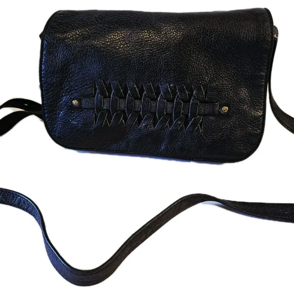 Lucky Brand Kingston Flap Crossbody Bag Black Pebbled Leather Woven Boho